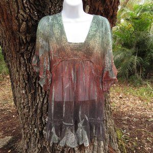 One World Sheer Floral Flouncy Tunic Top Womans Large flutter sleeves
